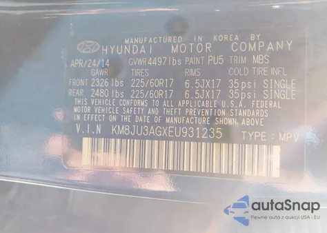 2014 Hyundai Tucson Se z USA, uszkodzony, nr VIN KM8JU3AGXEU931235